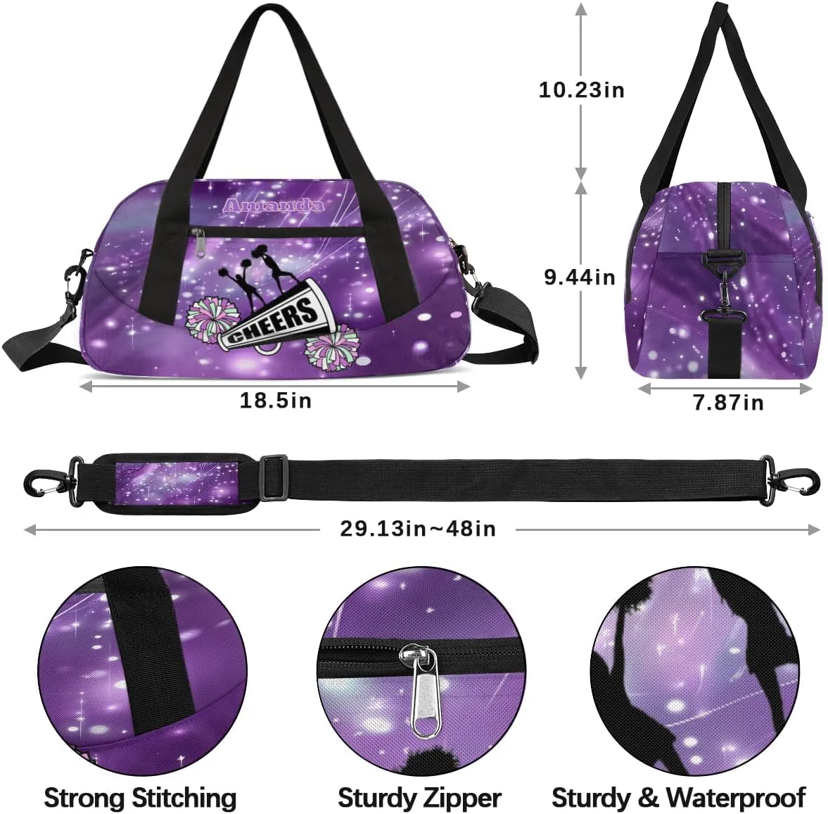 Custom Kids Sports Duffel Bag Purple Shinning Polka Dots Cheer Personalized Dance Gym Bag for Boys Girls Lightweight Weekender Travel Duffle Cheer Bag