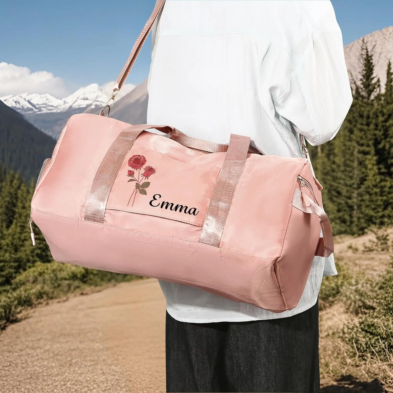 Custom Name & Birth Flower Duffle Bag Personalized Travel Bag for Women Customized Overnight Bag Sports Gym Bags Bridesmaid Gifts for Women (Pink)
