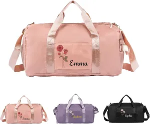 Custom Name & Birth Flower Duffle Bag Personalized Travel Bag for Women Customized Overnight Bag Sports Gym Bags Bridesmaid Gifts for Women (Pink)