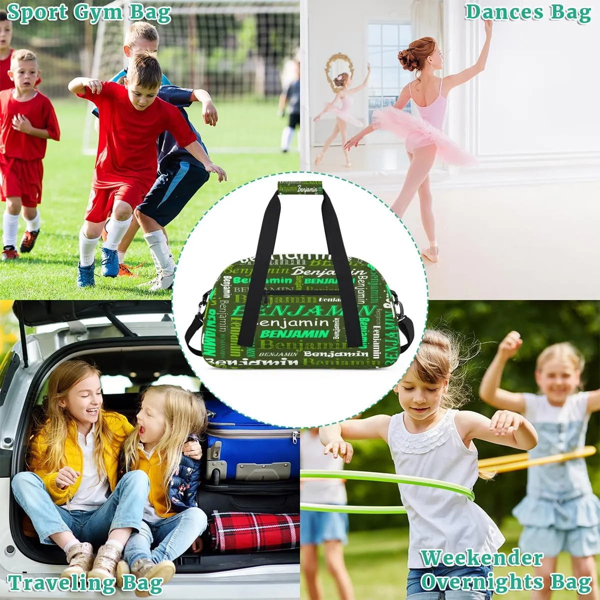 Custom Name Kids Gym Sport Bag for Boys Girls, Personalized Gymnastics Ballet Dance Bag Customized Small Duffel Travel Bag Teen Weekender Overnight Bag, Green White