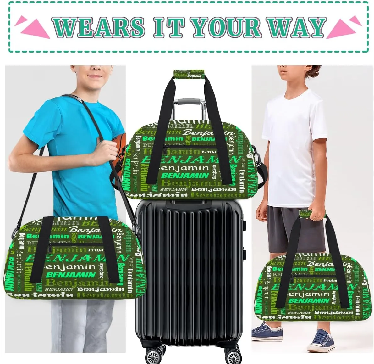 Custom Name Kids Gym Sport Bag for Boys Girls, Personalized Gymnastics Ballet Dance Bag Customized Small Duffel Travel Bag Teen Weekender Overnight Bag, Green White