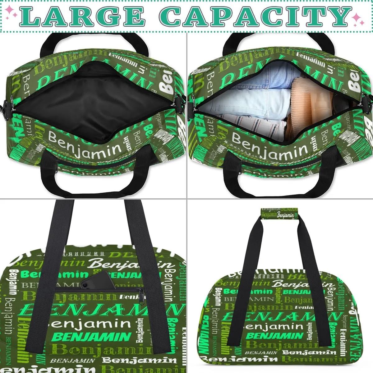 Custom Name Kids Gym Sport Bag for Boys Girls, Personalized Gymnastics Ballet Dance Bag Customized Small Duffel Travel Bag Teen Weekender Overnight Bag, Green White
