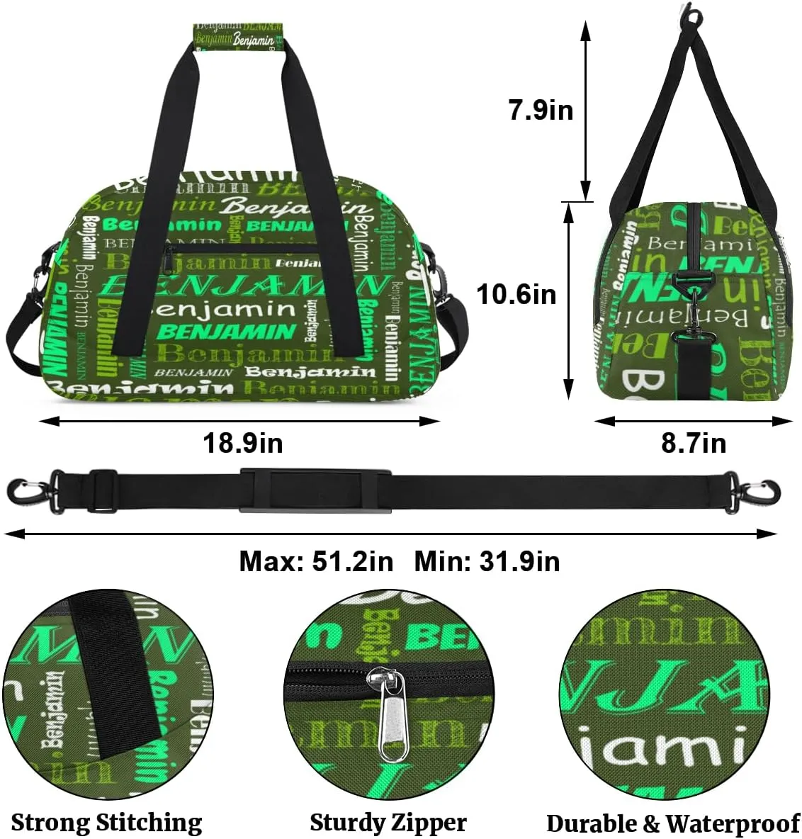 Custom Name Kids Gym Sport Bag for Boys Girls, Personalized Gymnastics Ballet Dance Bag Customized Small Duffel Travel Bag Teen Weekender Overnight Bag, Green White