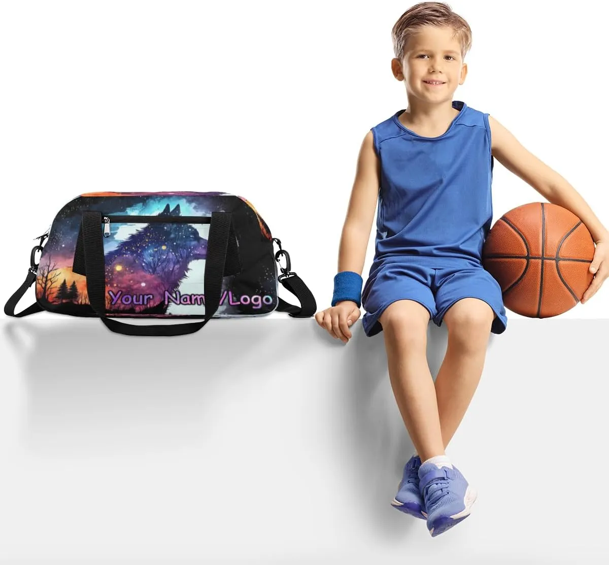 Custom Name Small Kids Overnighter Duffle Bag for Boys Girls Wolf Head Forest Galaxy Personalized Lightweight Gym Sports Duffle Bag Travel Weekender Tote Carry on Bag Customized Kids Gifts