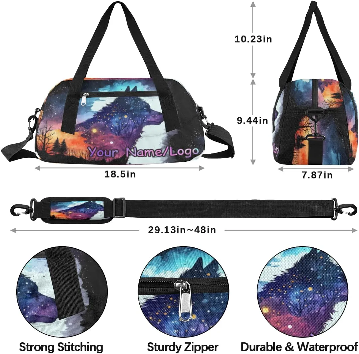 Custom Name Small Kids Overnighter Duffle Bag for Boys Girls Wolf Head Forest Galaxy Personalized Lightweight Gym Sports Duffle Bag Travel Weekender Tote Carry on Bag Customized Kids Gifts