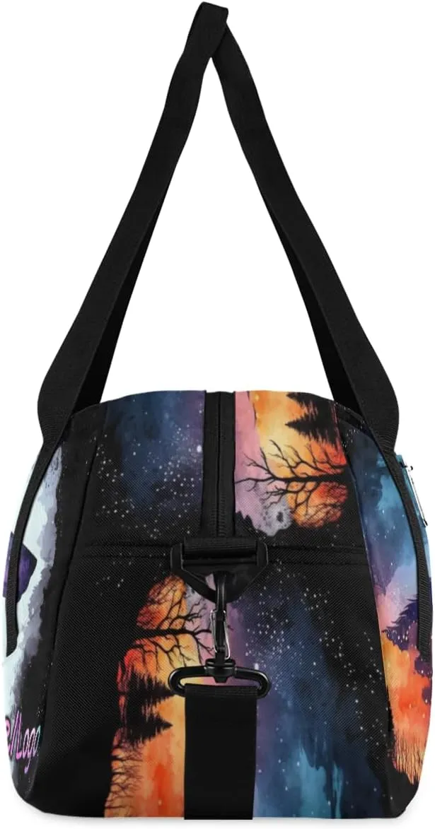 Custom Name Small Kids Overnighter Duffle Bag for Boys Girls Wolf Head Forest Galaxy Personalized Lightweight Gym Sports Duffle Bag Travel Weekender Tote Carry on Bag Customized Kids Gifts