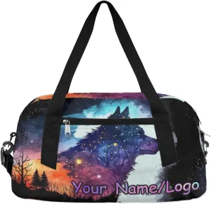 Custom Name Small Kids Overnighter Duffle Bag for Boys Girls Wolf Head Forest Galaxy Personalized Lightweight Gym Sports Duffle Bag Travel Weekender Tote Carry on Bag Customized Kids Gifts