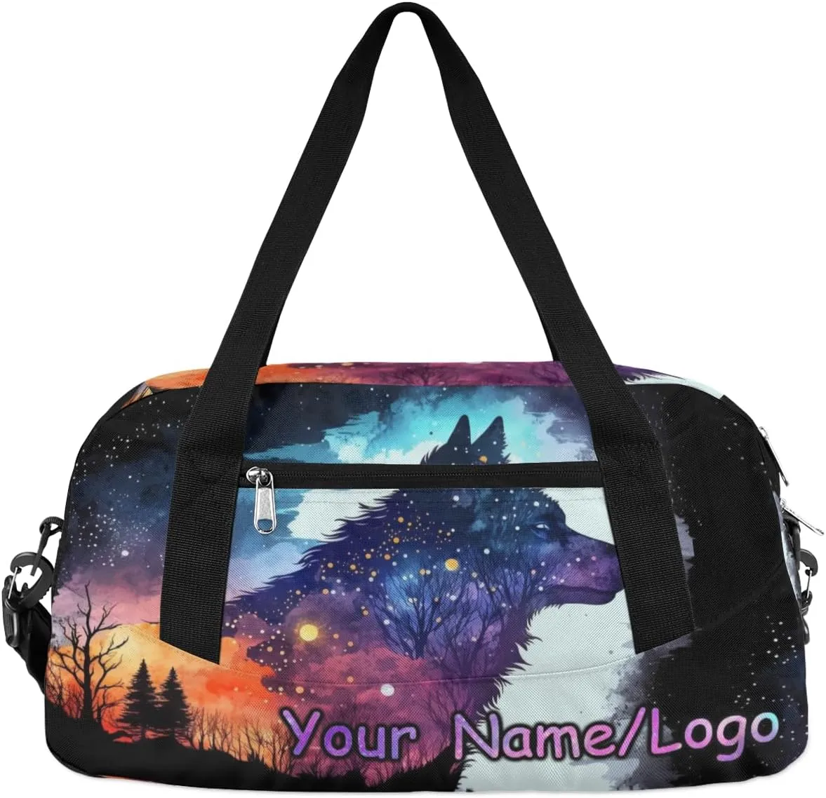 Custom Name Small Kids Overnighter Duffle Bag for Boys Girls Wolf Head Forest Galaxy Personalized Lightweight Gym Sports Duffle Bag Travel Weekender Tote Carry on Bag Customized Kids Gifts
