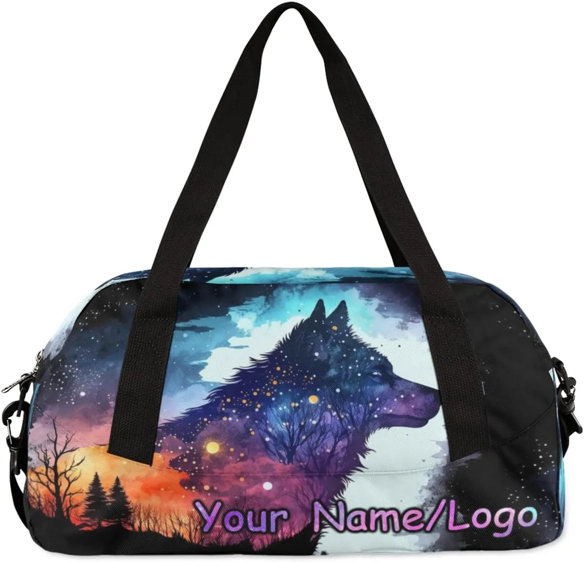 Custom Name Small Kids Overnighter Duffle Bag for Boys Girls Wolf Head Forest Galaxy Personalized Lightweight Gym Sports Duffle Bag Travel Weekender Tote Carry on Bag Customized Kids Gifts