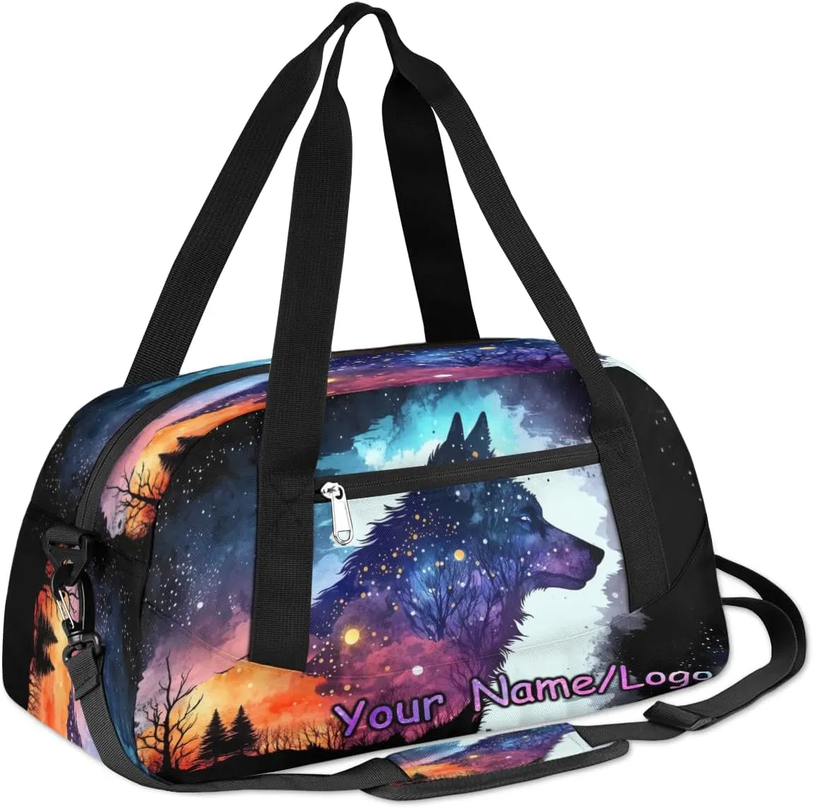 Custom Name Small Kids Overnighter Duffle Bag for Boys Girls Wolf Head Forest Galaxy Personalized Lightweight Gym Sports Duffle Bag Travel Weekender Tote Carry on Bag Customized Kids Gifts