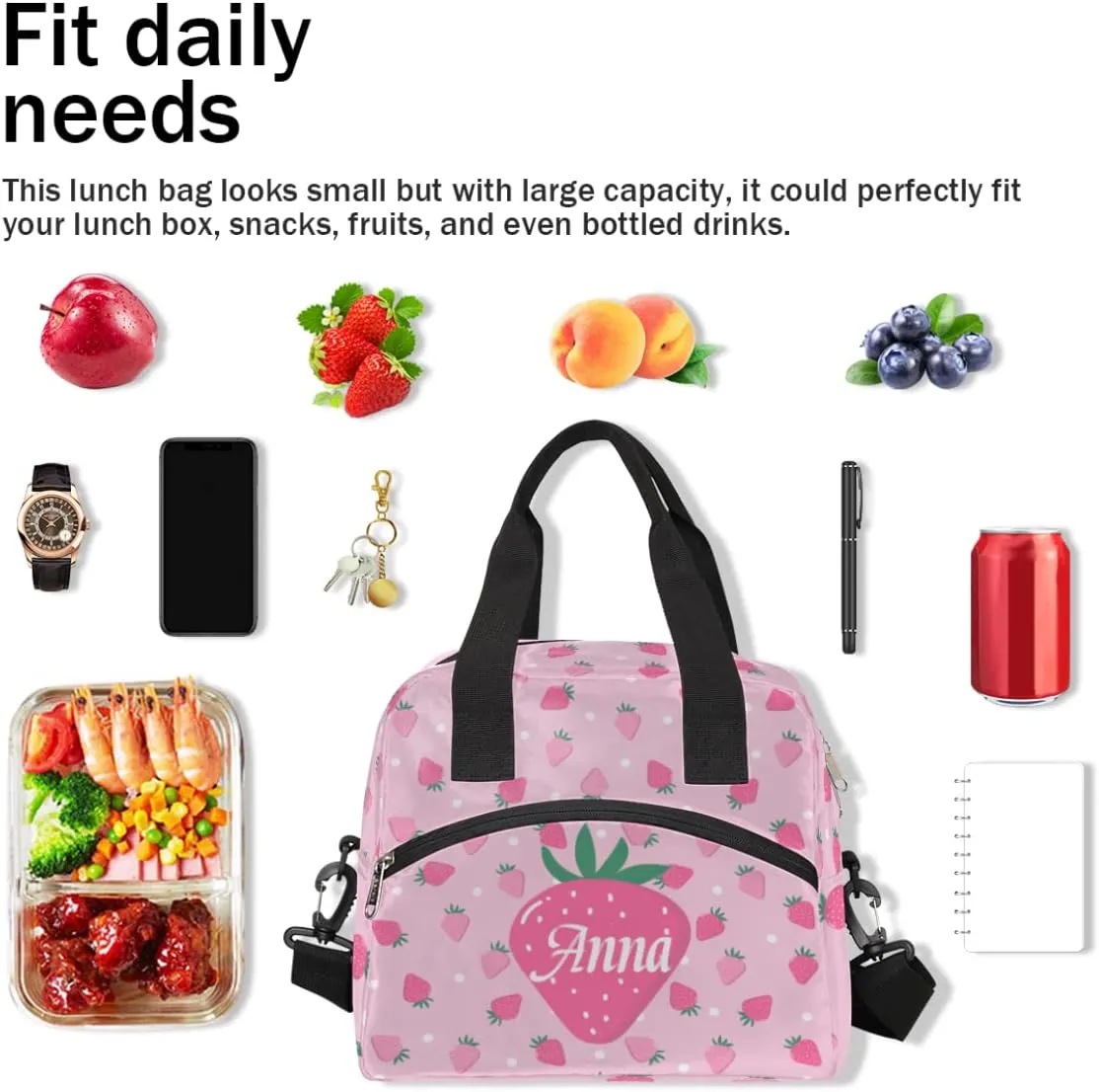 Custom Pink lunch Box Tote Bags for Women Cute Strawberry Personalized Insulated Cooler Lunch Bag with Your Name for girls, Custom Reusable Picnic School Bag Tote with Adjustable Shoulder