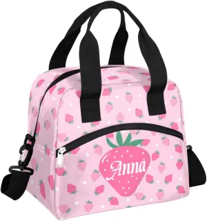 Custom Pink lunch Box Tote Bags for Women Cute Strawberry Personalized Insulated Cooler Lunch Bag with Your Name for girls, Custom Reusable Picnic School Bag Tote with Adjustable Shoulder