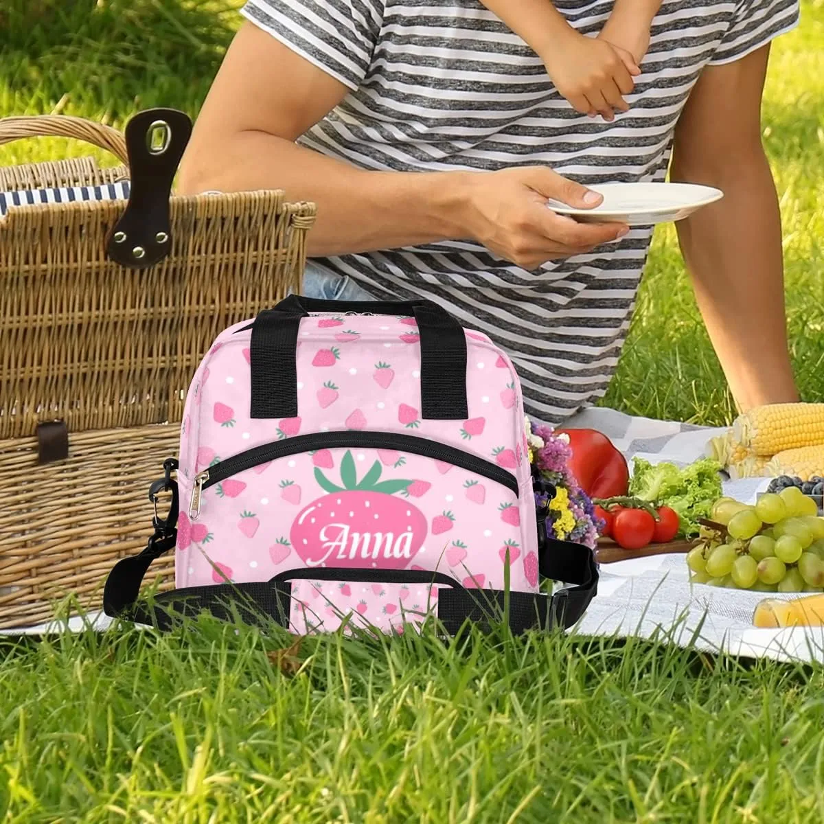 Custom Pink lunch Box Tote Bags for Women Cute Strawberry Personalized Insulated Cooler Lunch Bag with Your Name for girls, Custom Reusable Picnic School Bag Tote with Adjustable Shoulder