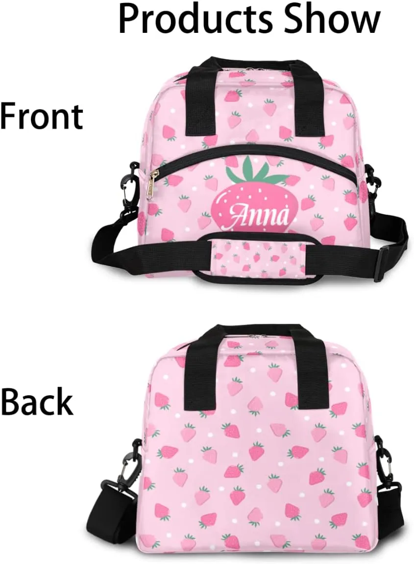 Custom Pink lunch Box Tote Bags for Women Cute Strawberry Personalized Insulated Cooler Lunch Bag with Your Name for girls, Custom Reusable Picnic School Bag Tote with Adjustable Shoulder