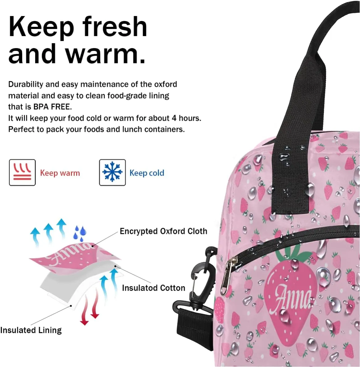 Custom Pink lunch Box Tote Bags for Women Cute Strawberry Personalized Insulated Cooler Lunch Bag with Your Name for girls, Custom Reusable Picnic School Bag Tote with Adjustable Shoulder