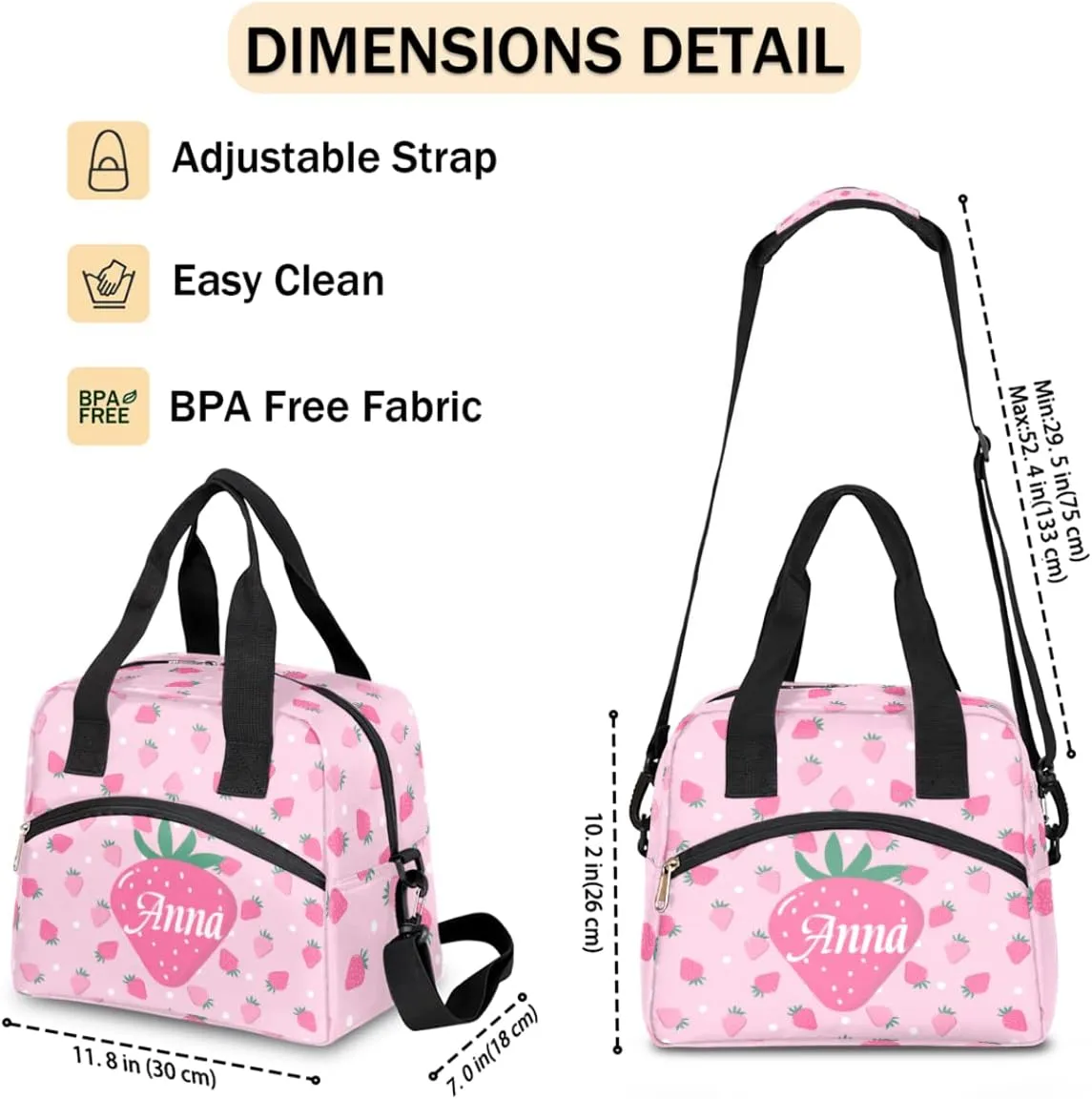 Custom Pink lunch Box Tote Bags for Women Cute Strawberry Personalized Insulated Cooler Lunch Bag with Your Name for girls, Custom Reusable Picnic School Bag Tote with Adjustable Shoulder