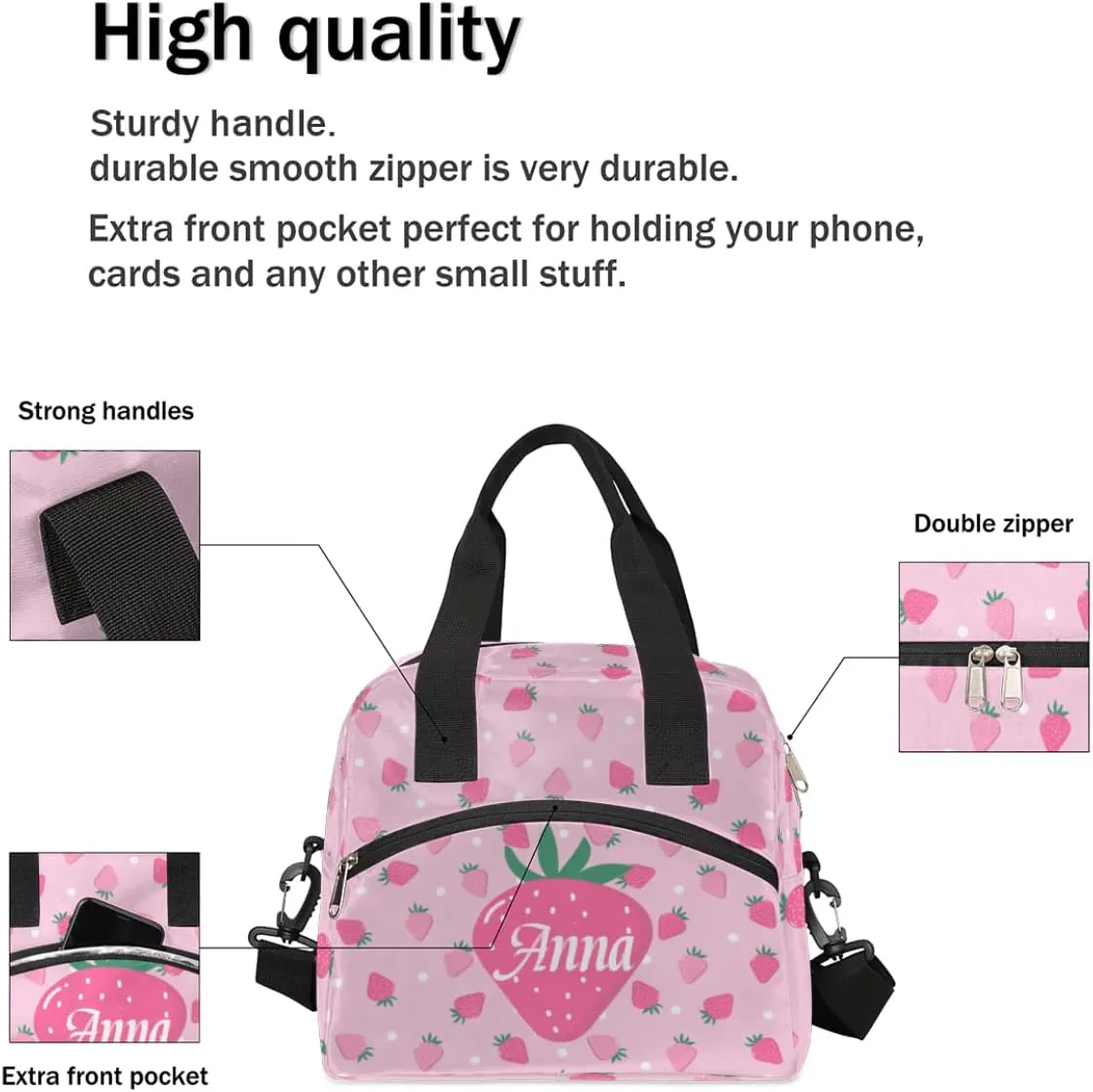 Custom Pink lunch Box Tote Bags for Women Cute Strawberry Personalized Insulated Cooler Lunch Bag with Your Name for girls, Custom Reusable Picnic School Bag Tote with Adjustable Shoulder