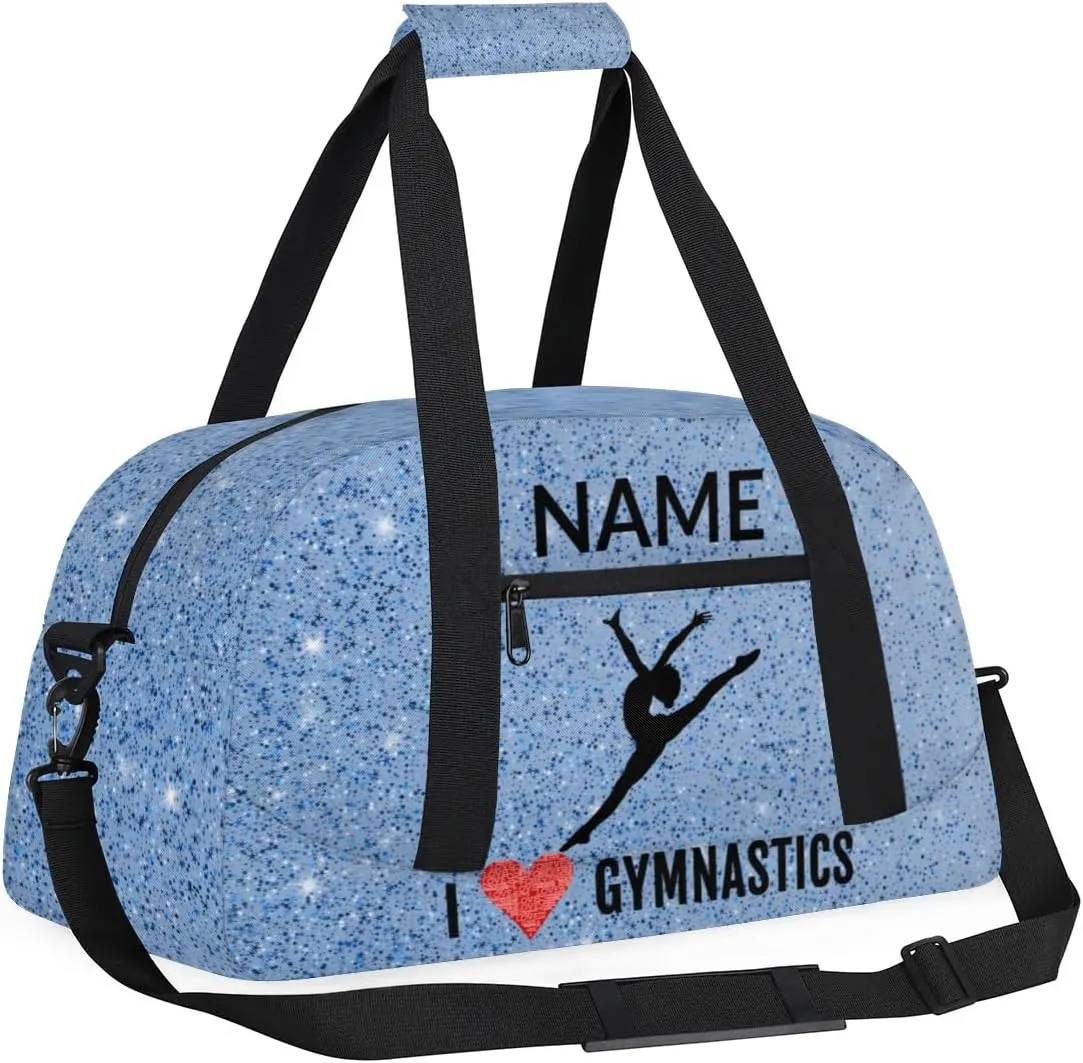 Custom Travel Duffle Bag, Gymnastics Duffel Bag Weekender Overnight Bag, Large Capacity Carry On Tote for Gym, Travel, Work, and Sports, Blue Glitter