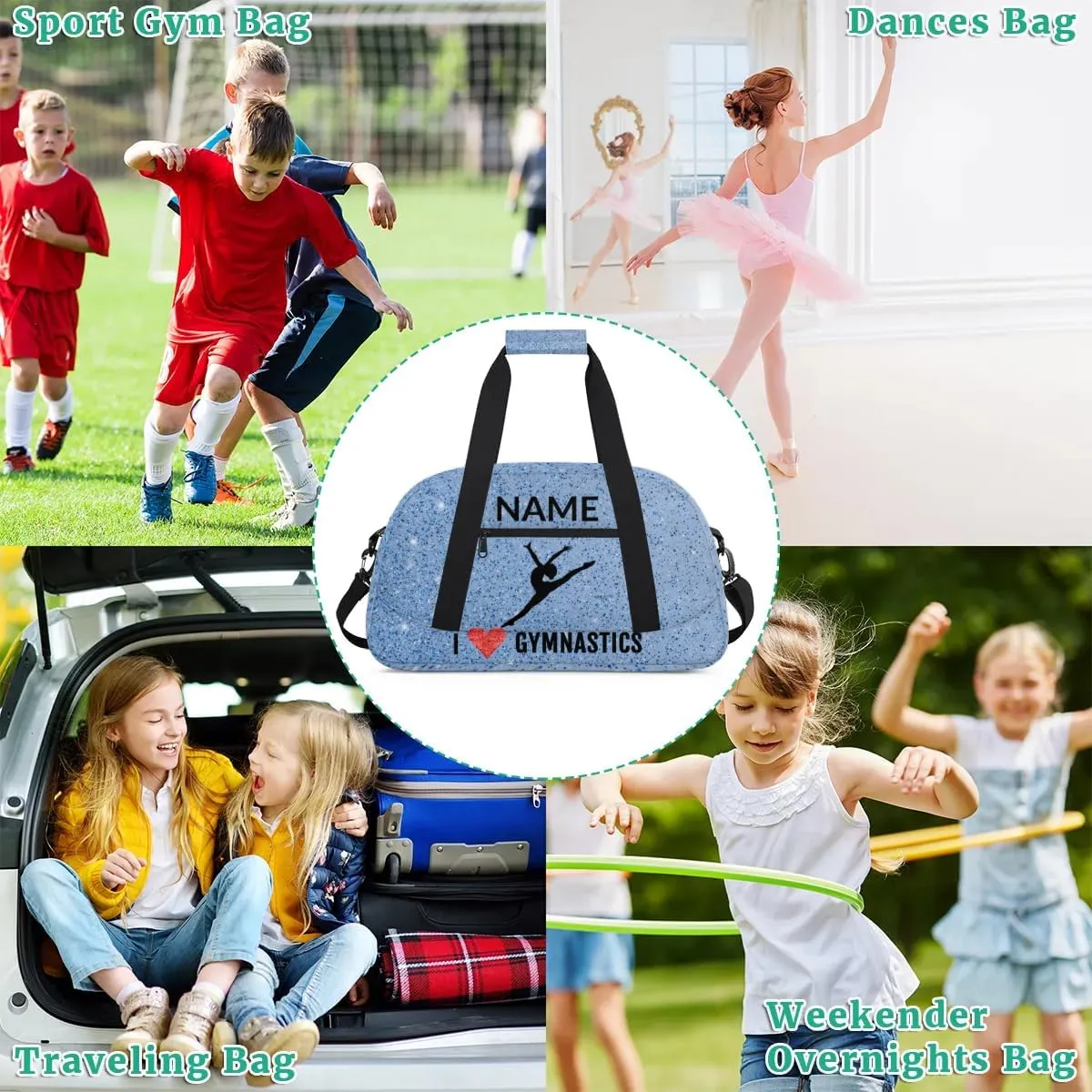 Custom Travel Duffle Bag, Gymnastics Duffel Bag Weekender Overnight Bag, Large Capacity Carry On Tote for Gym, Travel, Work, and Sports, Blue Glitter