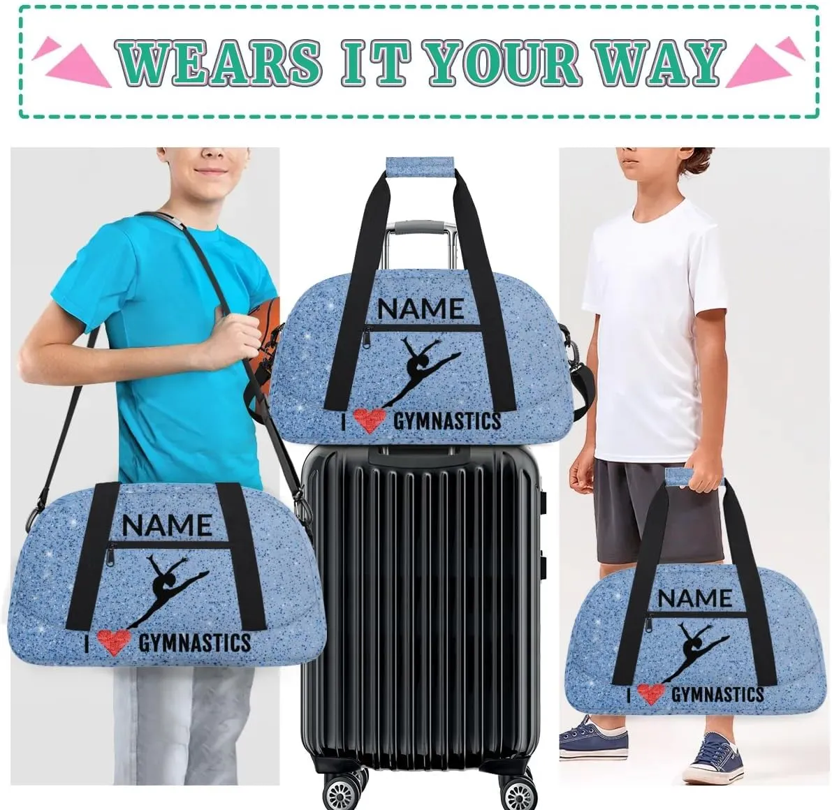 Custom Travel Duffle Bag, Gymnastics Duffel Bag Weekender Overnight Bag, Large Capacity Carry On Tote for Gym, Travel, Work, and Sports, Blue Glitter