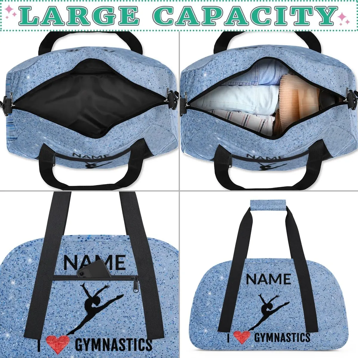 Custom Travel Duffle Bag, Gymnastics Duffel Bag Weekender Overnight Bag, Large Capacity Carry On Tote for Gym, Travel, Work, and Sports, Blue Glitter
