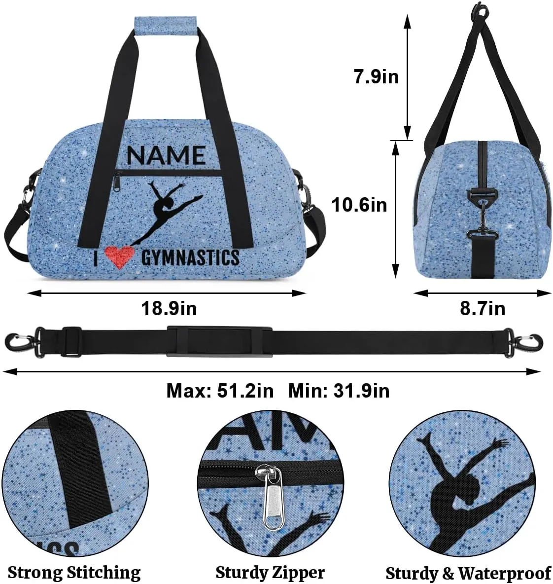 Custom Travel Duffle Bag, Gymnastics Duffel Bag Weekender Overnight Bag, Large Capacity Carry On Tote for Gym, Travel, Work, and Sports, Blue Glitter