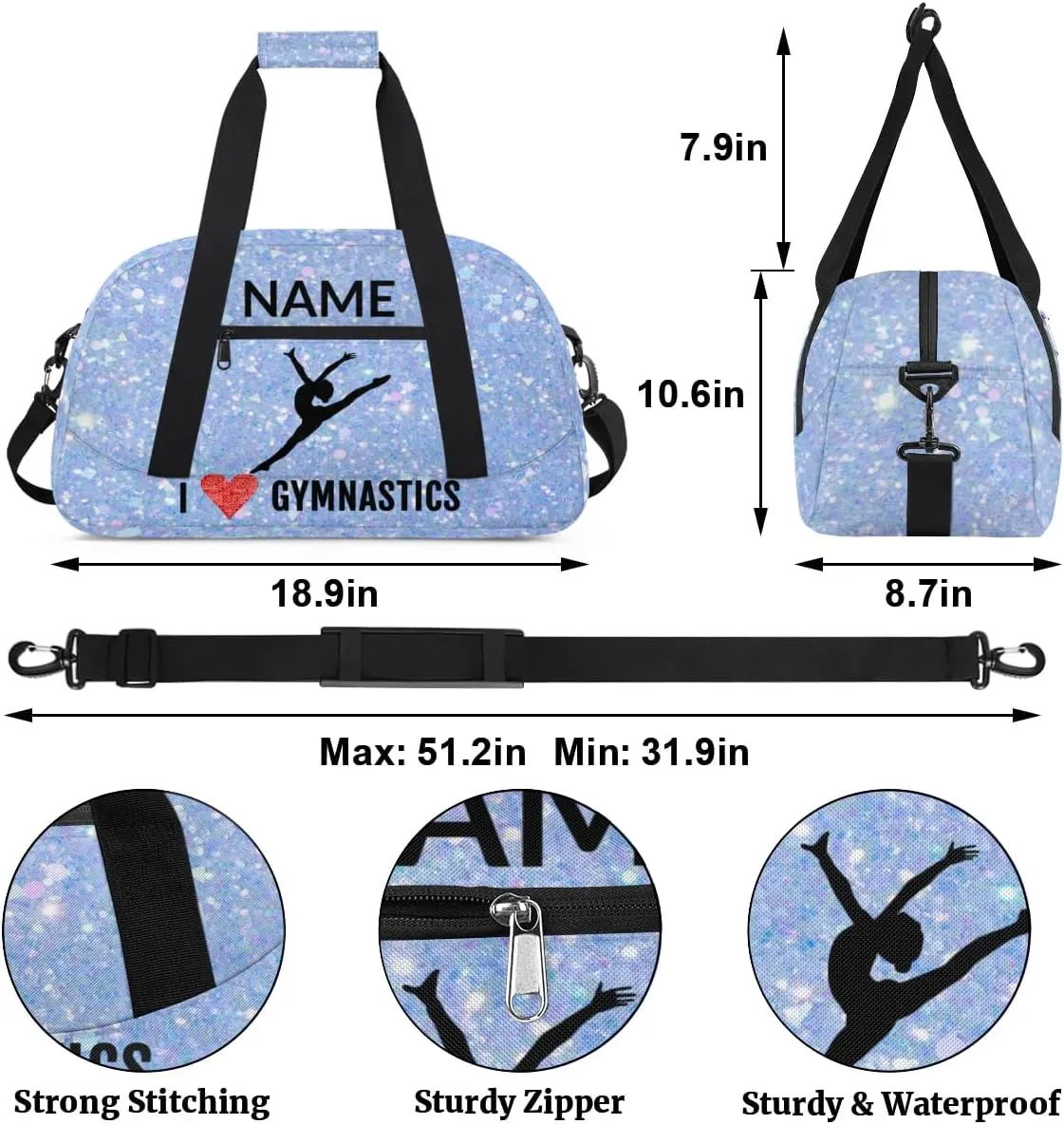 Custom Travel Duffle Bag, Gymnastics Duffel Bag Weekender Overnight Bag, Large Capacity Carry On Tote for Gym, Travel, Work, and Sports, Blue