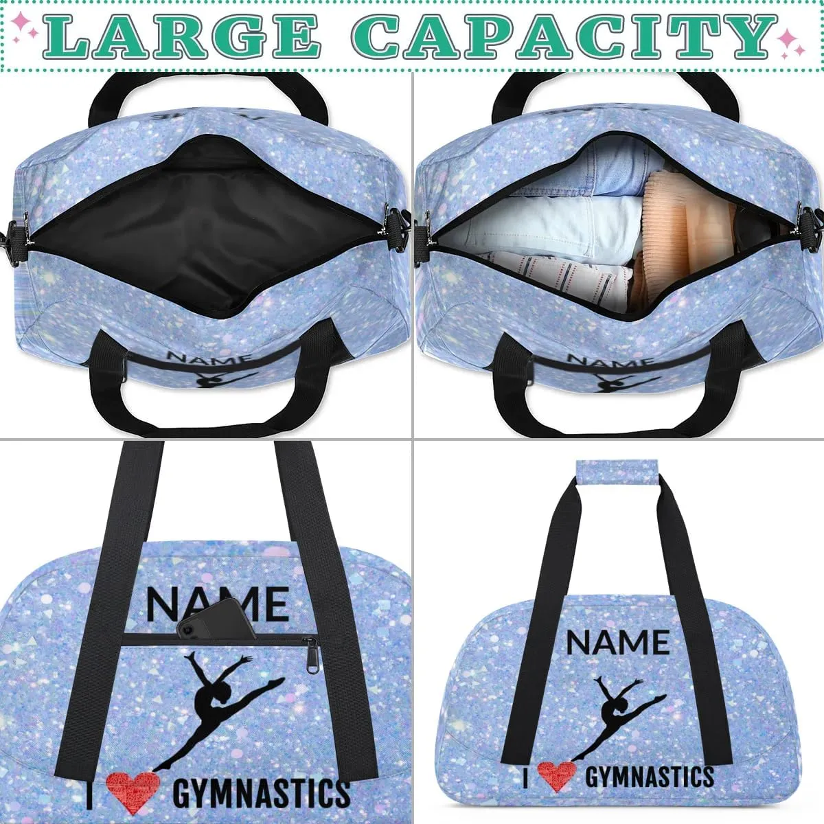 Custom Travel Duffle Bag, Gymnastics Duffel Bag Weekender Overnight Bag, Large Capacity Carry On Tote for Gym, Travel, Work, and Sports, Blue