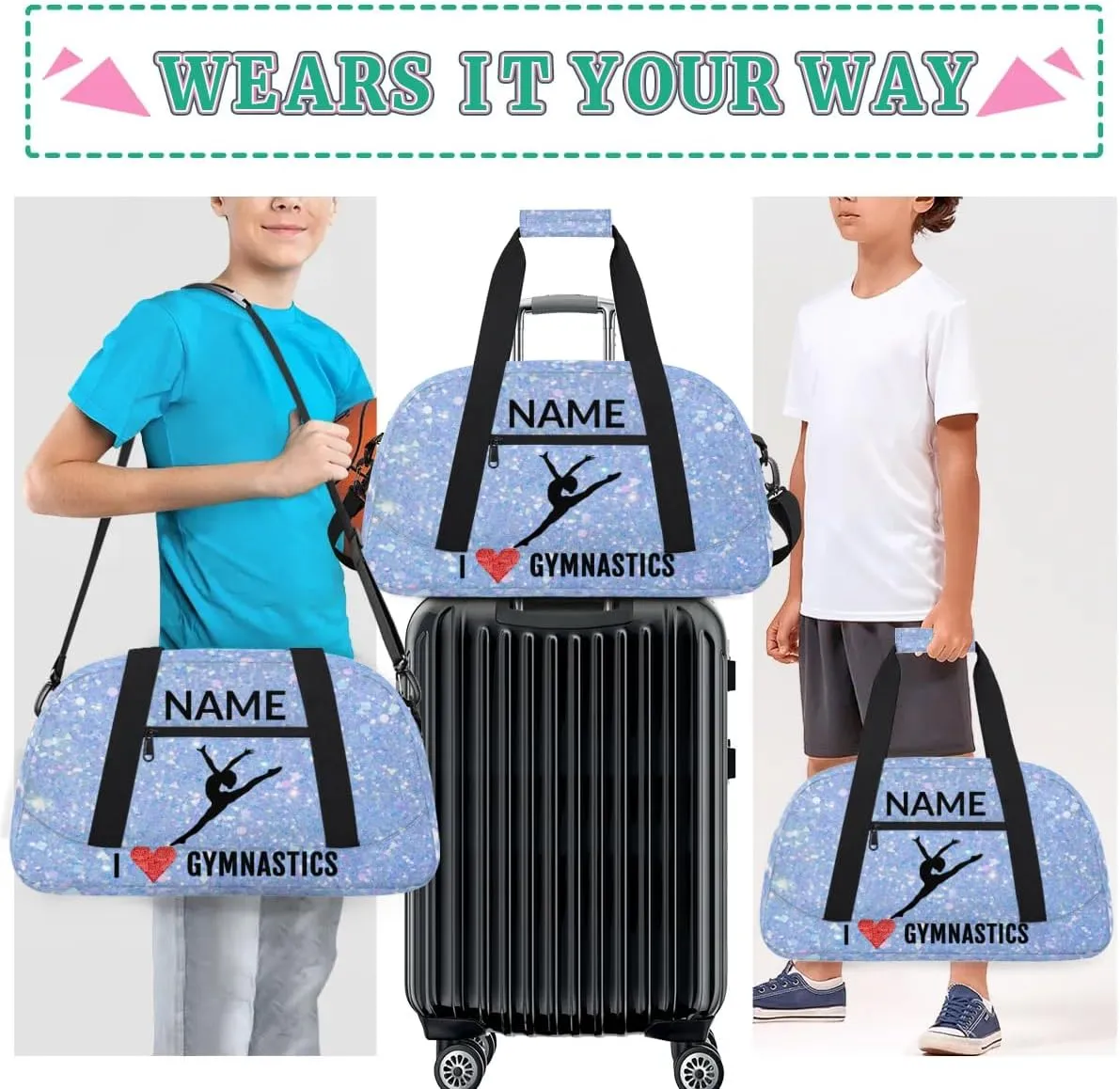 Custom Travel Duffle Bag, Gymnastics Duffel Bag Weekender Overnight Bag, Large Capacity Carry On Tote for Gym, Travel, Work, and Sports, Blue