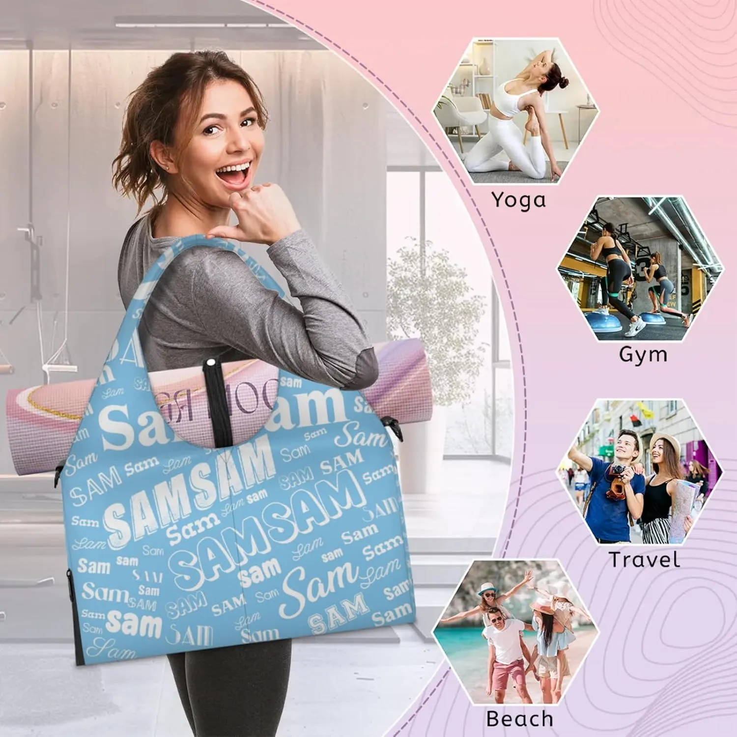 Custom Yoga Mat Bag for Women Personalized Name Dance Duffle Weekender Overnight Bag