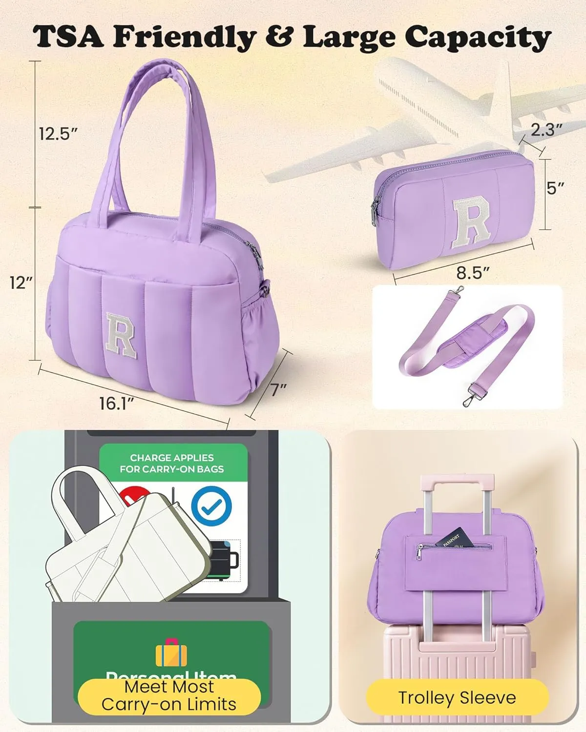 Customizable Gifts for Girls Age 6-8 8-10 11-12-Initial Lightweight Duffel Bag, Women Weekender Bag, Overnight Bag, Travel Bag with Makeup Bag, Birthday Gift Graduate Gifts for Her (Letter J)