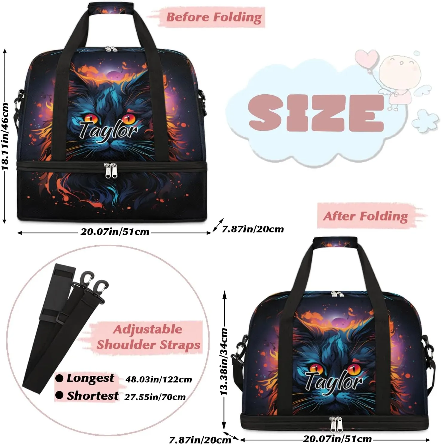 Customized Gym Bag for Women, Personalized Funny Cat Travel Duffel Bag with Name, Animal Cat Weekender Overnight Bag with Shoes Compartment for Men Travel Yoga