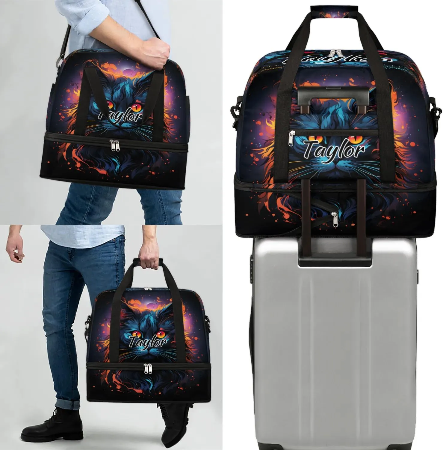 Customized Gym Bag for Women, Personalized Funny Cat Travel Duffel Bag with Name, Animal Cat Weekender Overnight Bag with Shoes Compartment for Men Travel Yoga
