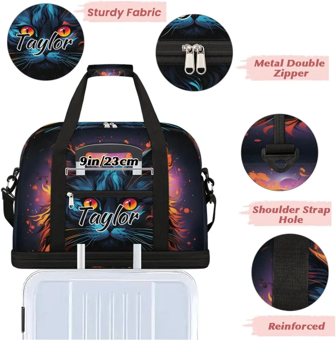 Customized Gym Bag for Women, Personalized Funny Cat Travel Duffel Bag with Name, Animal Cat Weekender Overnight Bag with Shoes Compartment for Men Travel Yoga