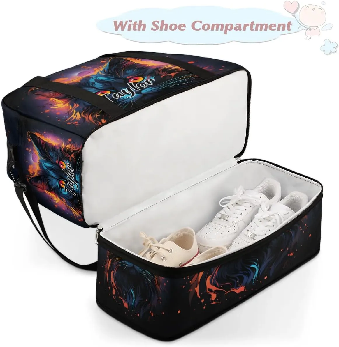 Customized Gym Bag for Women, Personalized Funny Cat Travel Duffel Bag with Name, Animal Cat Weekender Overnight Bag with Shoes Compartment for Men Travel Yoga