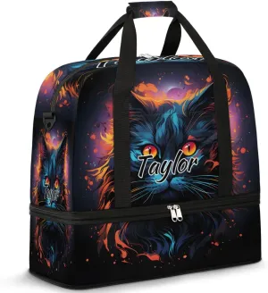 Customized Gym Bag for Women, Personalized Funny Cat Travel Duffel Bag with Name, Animal Cat Weekender Overnight Bag with Shoes Compartment for Men Travel Yoga