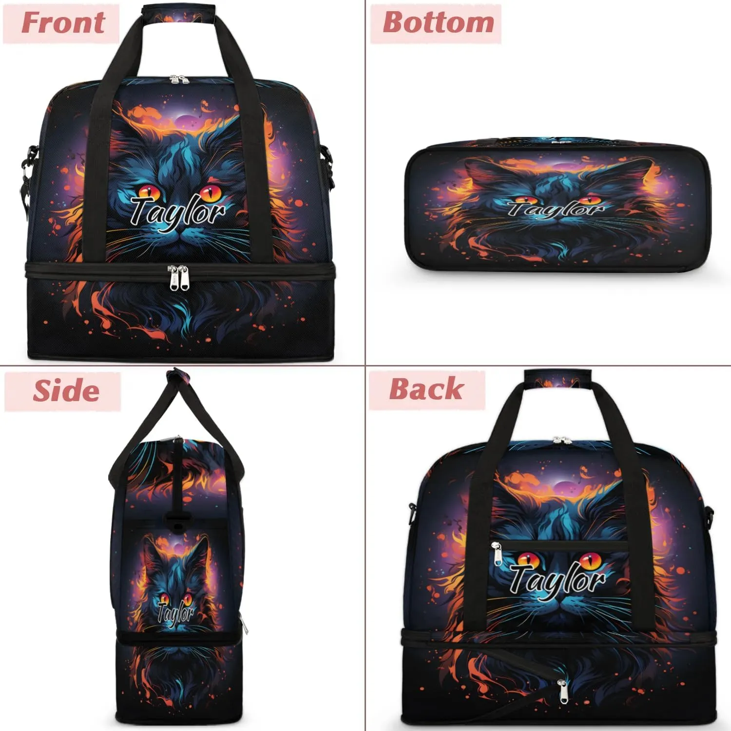 Customized Gym Bag for Women, Personalized Funny Cat Travel Duffel Bag with Name, Animal Cat Weekender Overnight Bag with Shoes Compartment for Men Travel Yoga