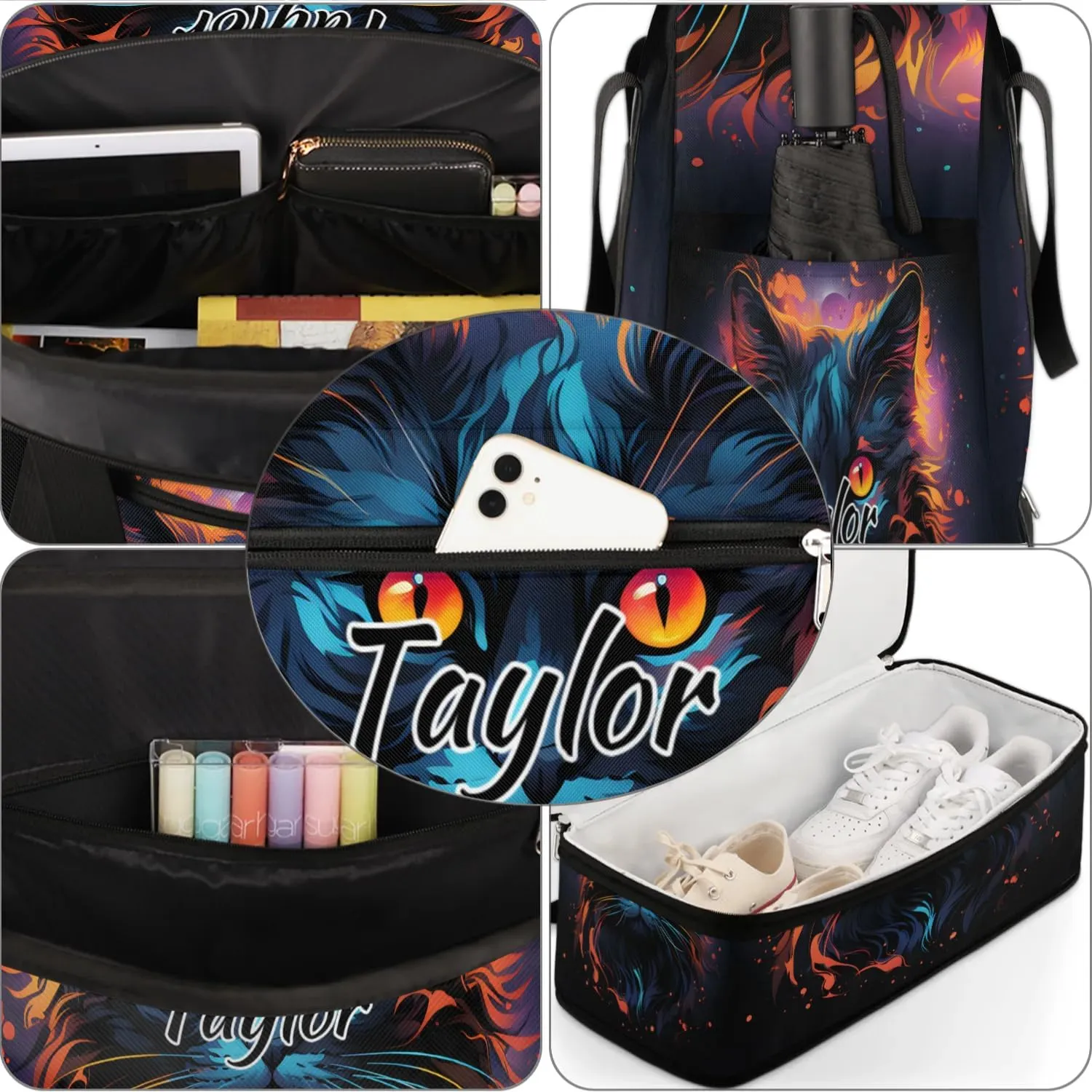 Customized Gym Bag for Women, Personalized Funny Cat Travel Duffel Bag with Name, Animal Cat Weekender Overnight Bag with Shoes Compartment for Men Travel Yoga