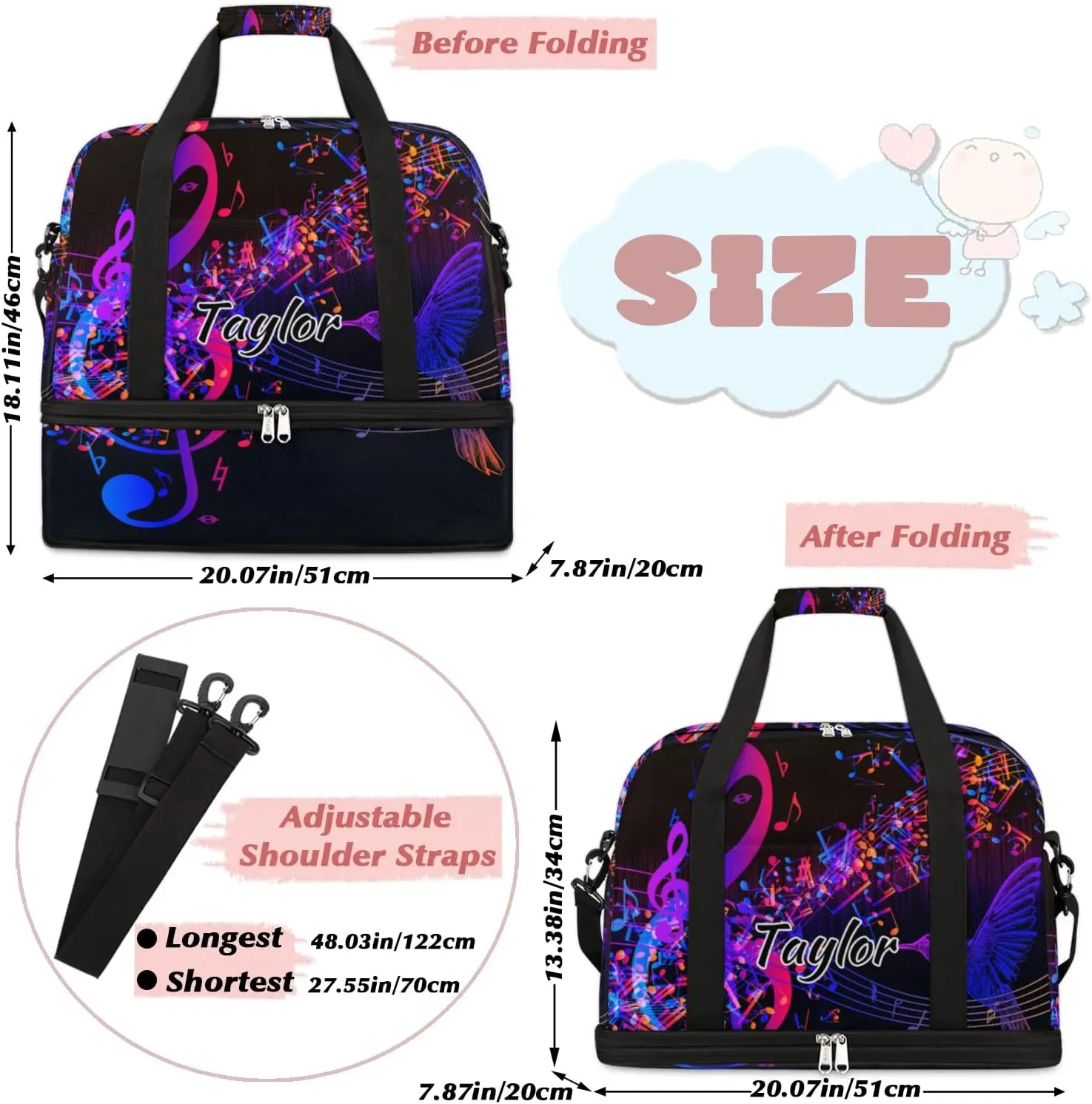 Customized Gym Bag for Women, Personalized Music Note Travel Duffel Bag with Name, Hummingbird Weekender Overnight Bag with Shoes Compartment for Men Travel Yoga