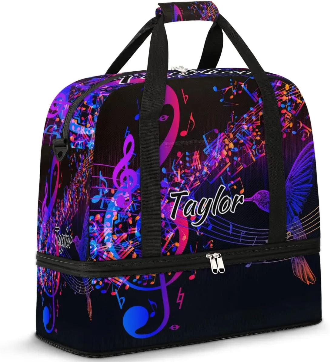 Customized Gym Bag for Women, Personalized Music Note Travel Duffel Bag with Name, Hummingbird Weekender Overnight Bag with Shoes Compartment for Men Travel Yoga