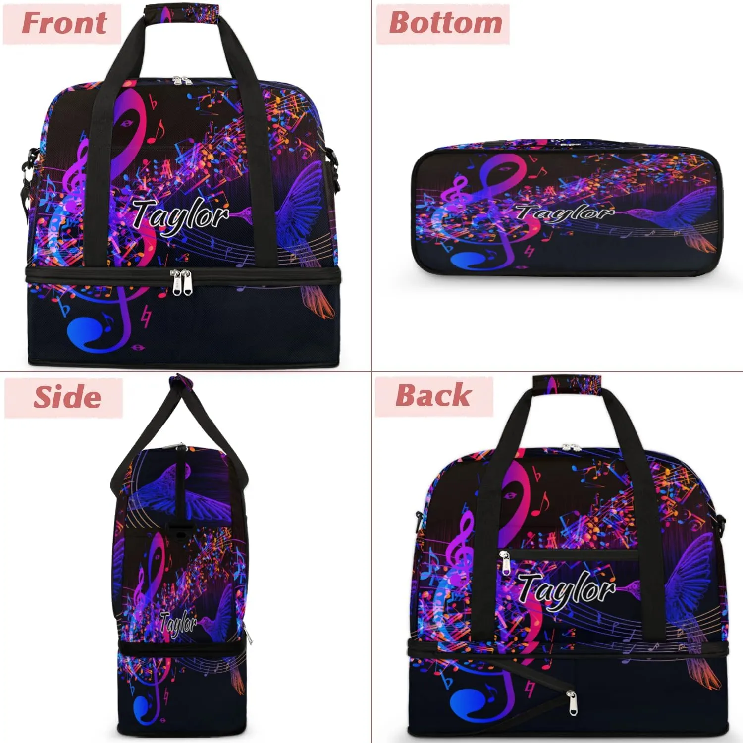 Customized Gym Bag for Women, Personalized Music Note Travel Duffel Bag with Name, Hummingbird Weekender Overnight Bag with Shoes Compartment for Men Travel Yoga