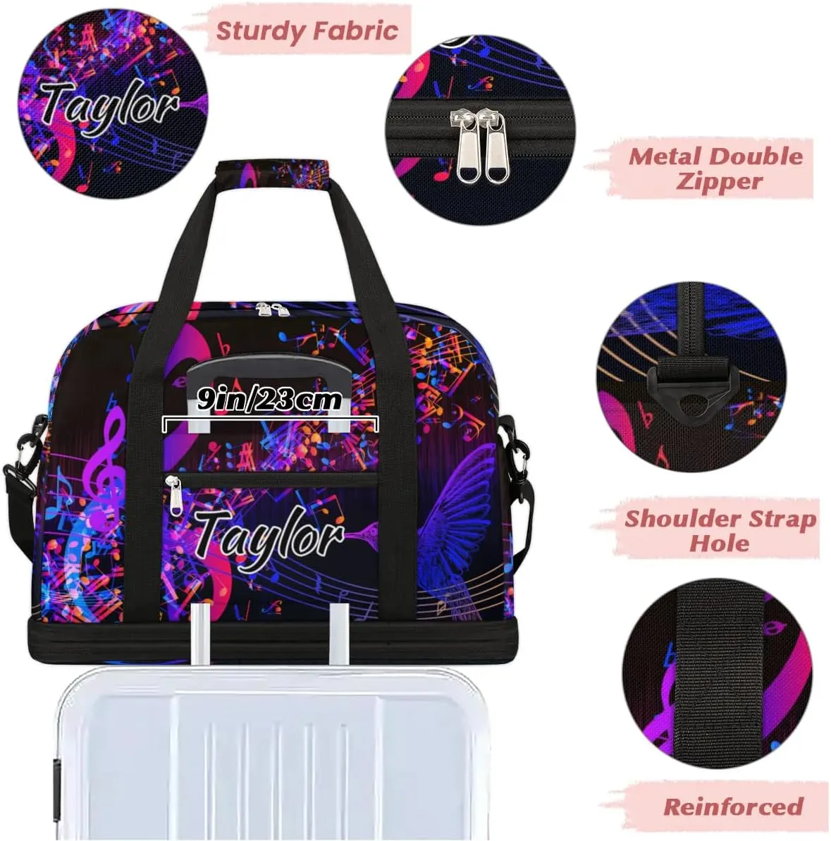 Customized Gym Bag for Women, Personalized Music Note Travel Duffel Bag with Name, Hummingbird Weekender Overnight Bag with Shoes Compartment for Men Travel Yoga