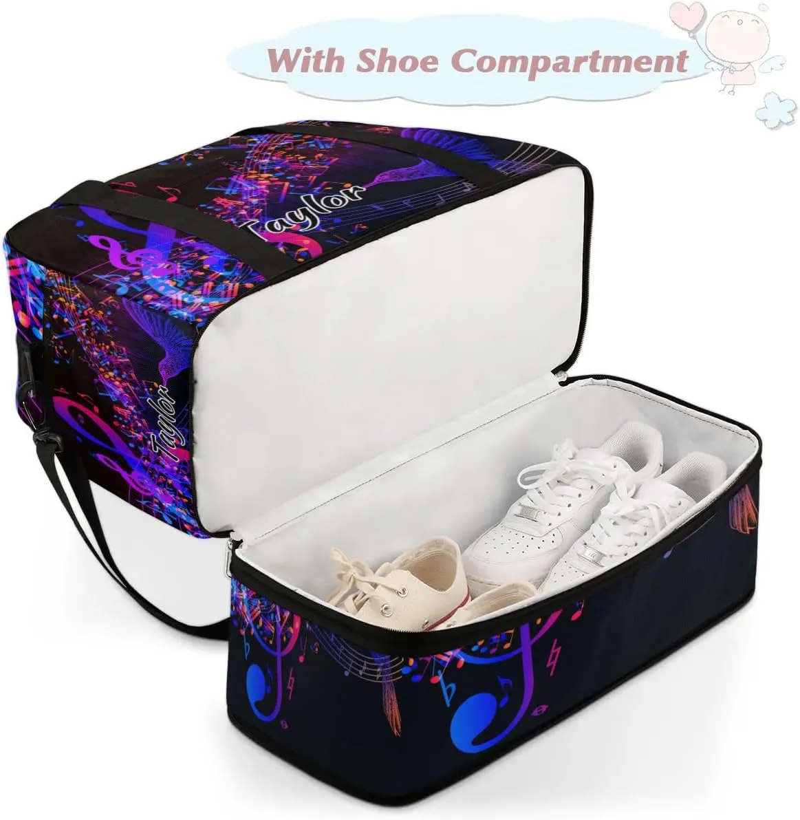 Customized Gym Bag for Women, Personalized Music Note Travel Duffel Bag with Name, Hummingbird Weekender Overnight Bag with Shoes Compartment for Men Travel Yoga