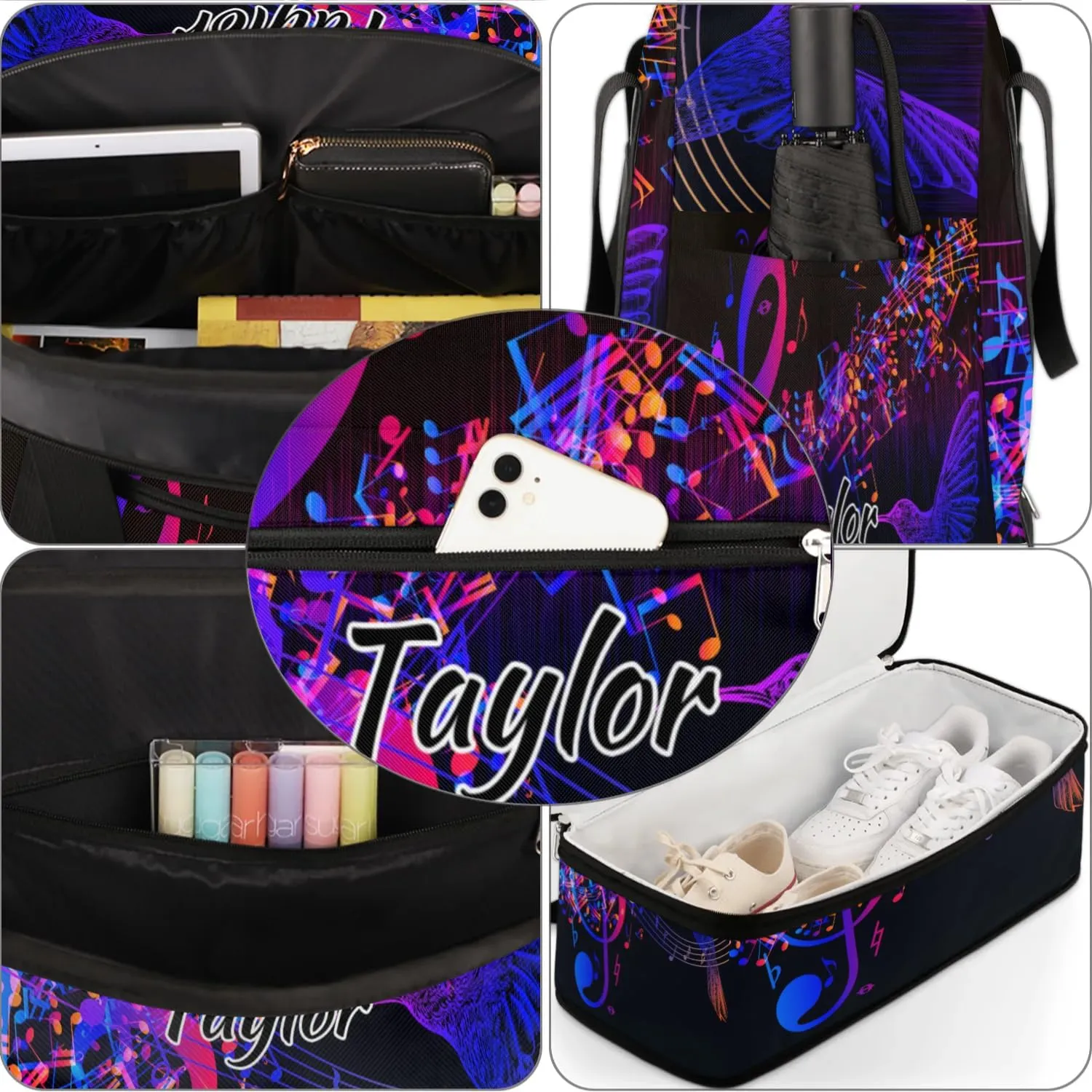 Customized Gym Bag for Women, Personalized Music Note Travel Duffel Bag with Name, Hummingbird Weekender Overnight Bag with Shoes Compartment for Men Travel Yoga