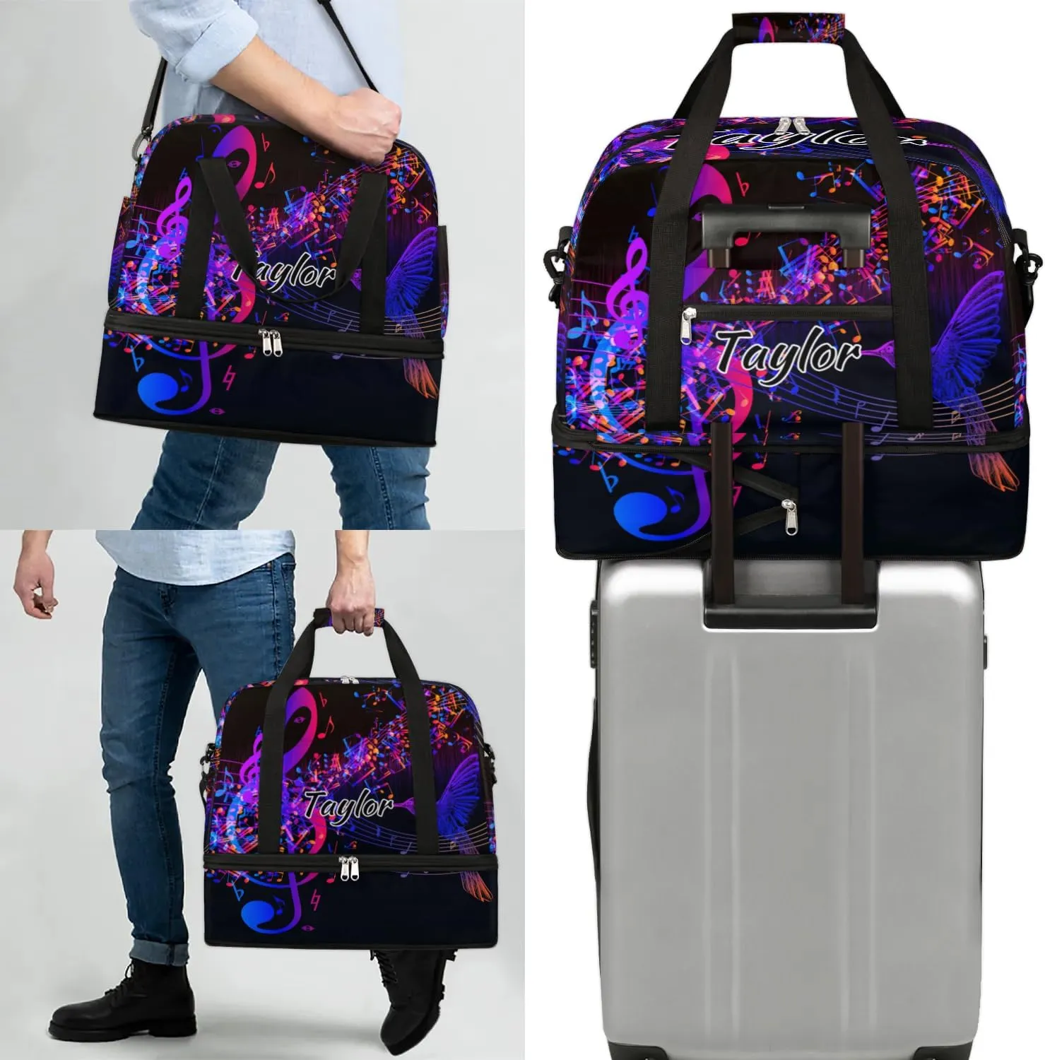 Customized Gym Bag for Women, Personalized Music Note Travel Duffel Bag with Name, Hummingbird Weekender Overnight Bag with Shoes Compartment for Men Travel Yoga