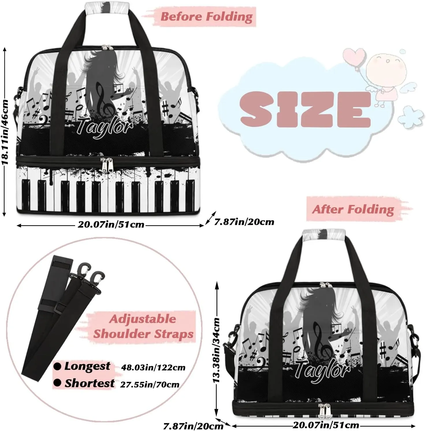 Customized Gym Bag for Women, Personalized Piano Keyboard Travel Duffel Bag with Name, Music Weekender Overnight Bag with Shoes Compartment for Men Travel Yoga
