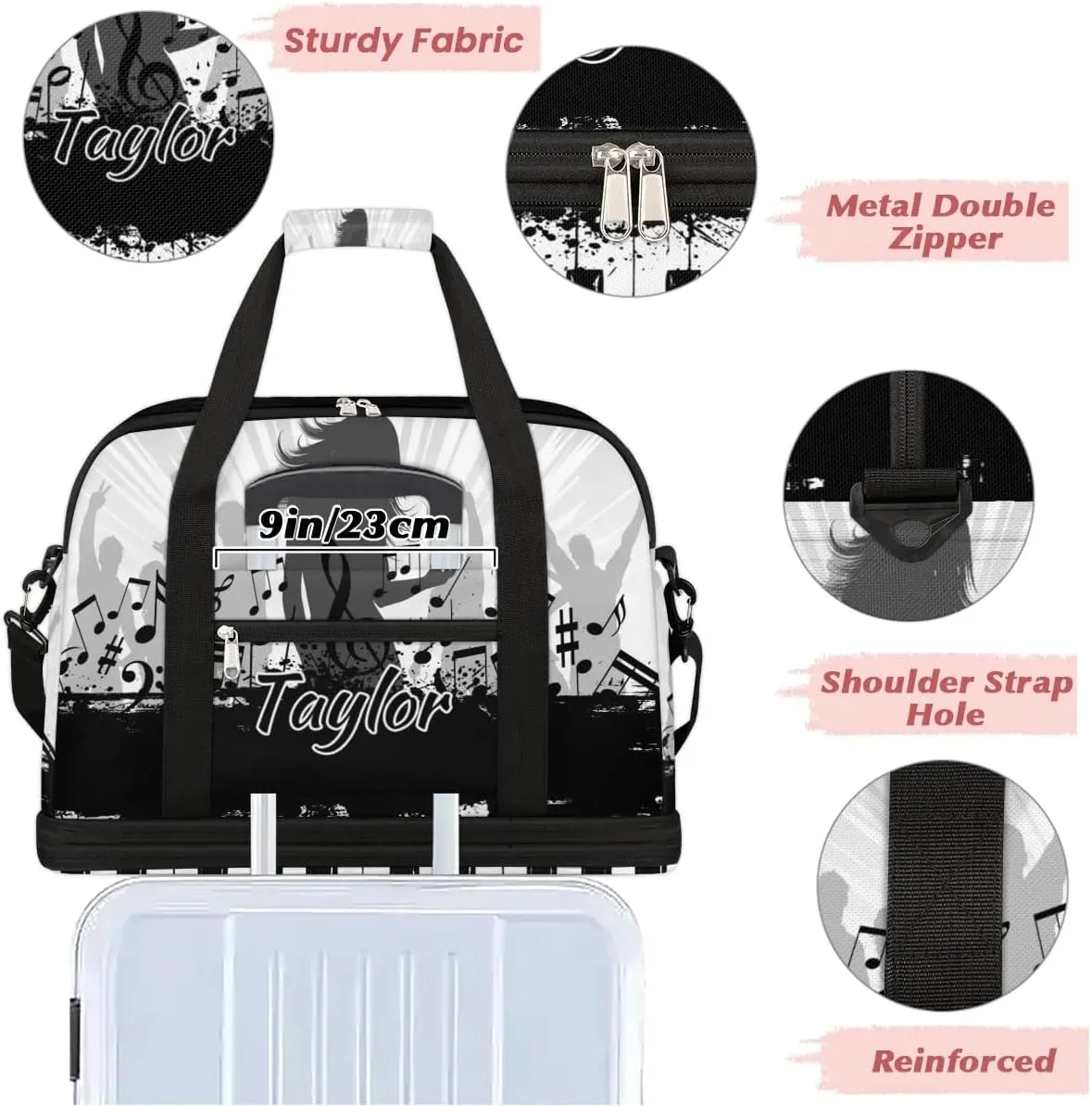 Customized Gym Bag for Women, Personalized Piano Keyboard Travel Duffel Bag with Name, Music Weekender Overnight Bag with Shoes Compartment for Men Travel Yoga