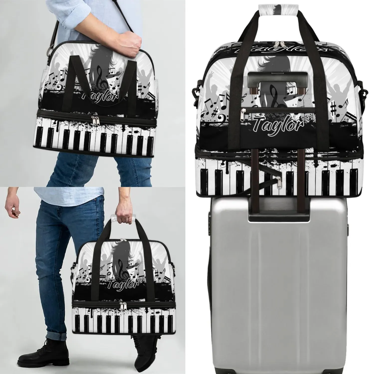 Customized Gym Bag for Women, Personalized Piano Keyboard Travel Duffel Bag with Name, Music Weekender Overnight Bag with Shoes Compartment for Men Travel Yoga