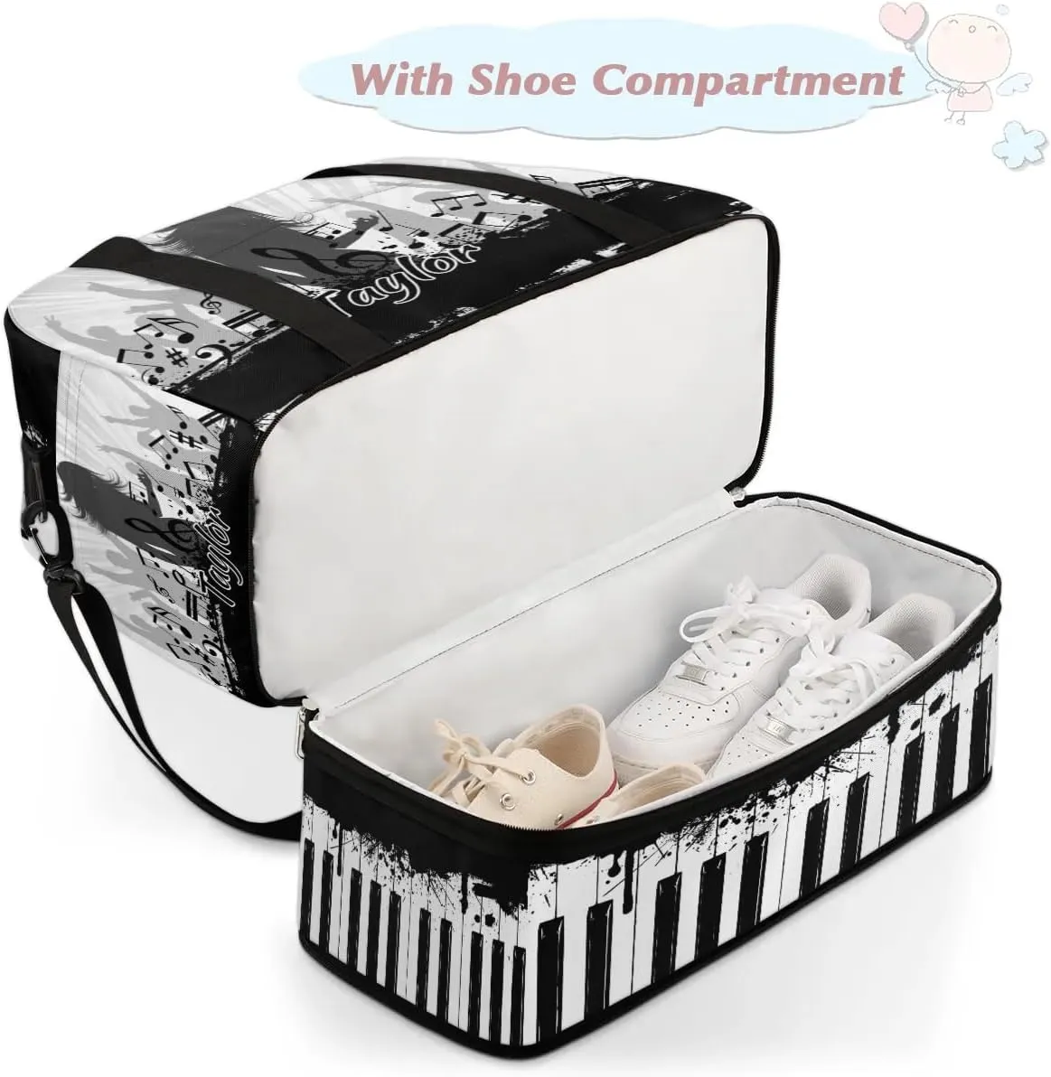 Customized Gym Bag for Women, Personalized Piano Keyboard Travel Duffel Bag with Name, Music Weekender Overnight Bag with Shoes Compartment for Men Travel Yoga