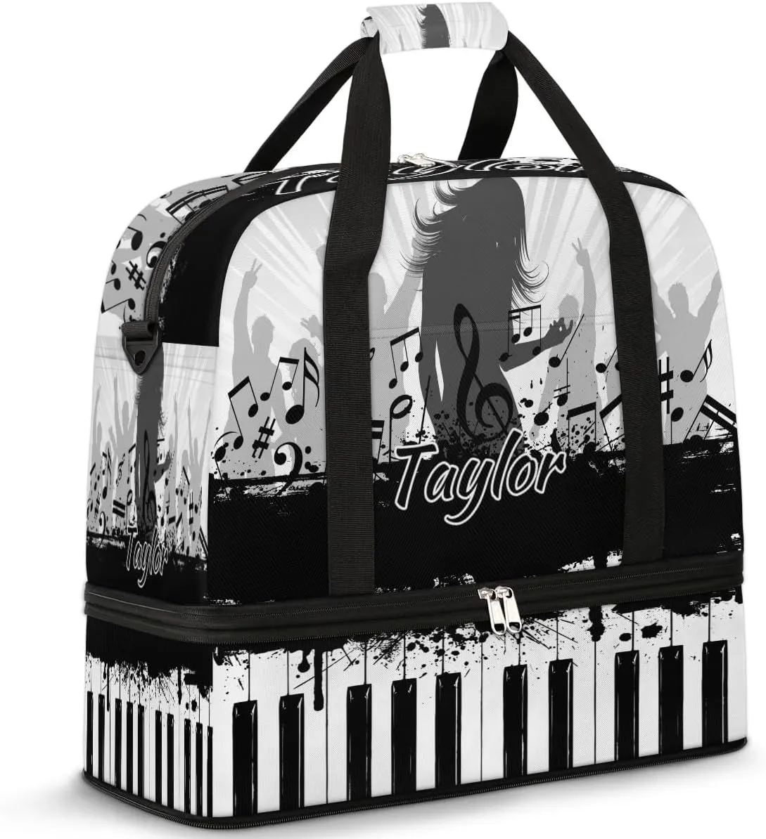 Customized Gym Bag for Women, Personalized Piano Keyboard Travel Duffel Bag with Name, Music Weekender Overnight Bag with Shoes Compartment for Men Travel Yoga